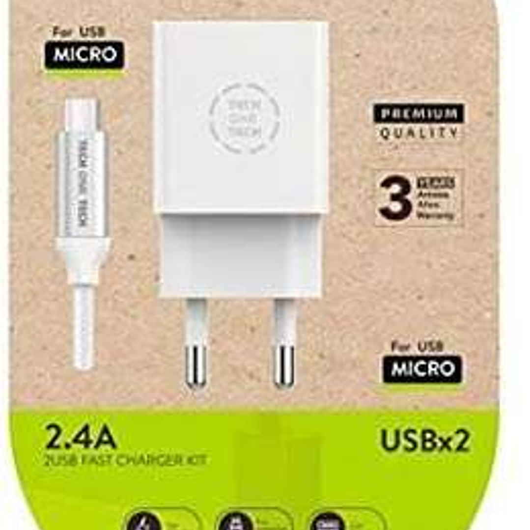 TechOneTech Cargador Doble de Pared + Cable USB-A a Micro-USB 2.4 1m - Recubierto de Nylon Trenzado 1