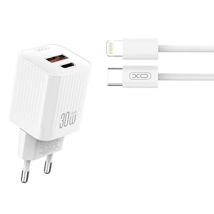 XO L149 Cargador de Corriente 30W - USB-A y USB-C - Alto Rendimiento - Incluye Cable USB-C a Lightning - Color Blanco