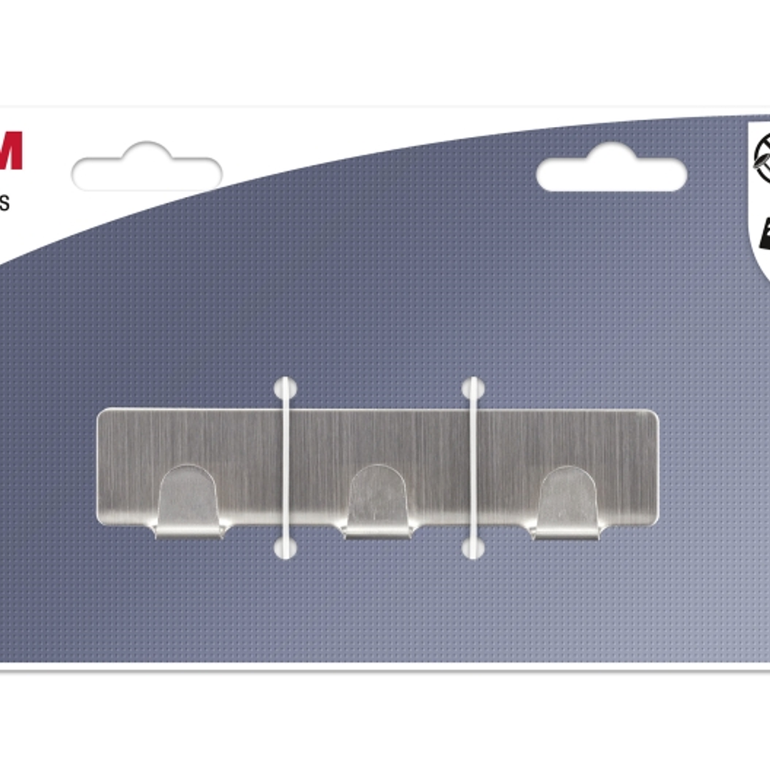 3M Gancho Adhesivo en Barra Metalica - Barra con 3 Ganchos - Soporta hasta 2.8kg - Color Gris Metalizado 1
