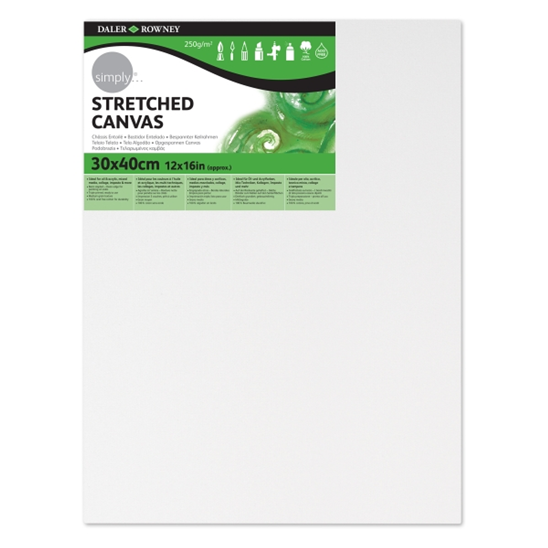 Daler Rowney Simply Bastidor Entelado - 30x40cm - Imprimacion Triple - Grano Medio - 100% Algodon sin Acido - 250g - Color Blanco 1