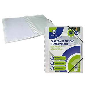 Bismark Carpeta Espiral con 60 Fundas Transparentes A4 - Polipropileno - Portada Personalizable - Espiral Plastica Indeformable - Apertura 360 Grados 