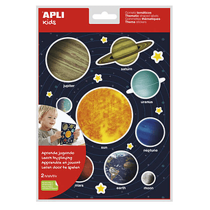Apli Bolsa de Gomets Tematicos Sistema Solar - 40 Gomets en 2 Hojas - Adhesivo Removible - Ayuda Al Aprendizaje Visual y Motor - Cumple Normas EN-71 y