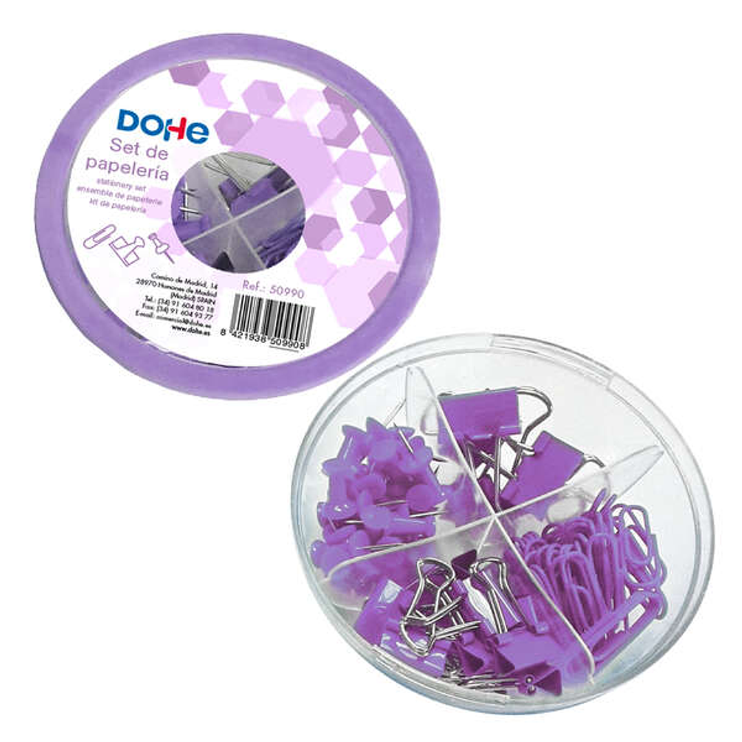 Dohe Combo Ovni Pack de Accesorios de Escritorio - 12 Pinzas de 15mm, 5 Pinzas de 19mm, 50 Clips de 28mm y 30 Push Pins de 22mm - Color Morado 1