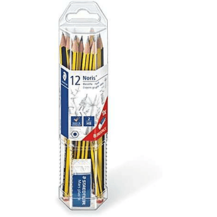 Staedtler Noris 120 Pack de 12 Lapices de Grafito Hexagonales + Goma de Borrar - Mina HB Ultrarresistente de 2mm - Madera de Bosques Sostenibles