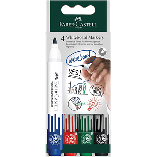 Faber-Castell W20 Pack de 4 Rotuladores para Pizarra Blanca - Punta de Bala - Ancho de Linea 2,25mm - Borrado en Seco - Colores Surtidos