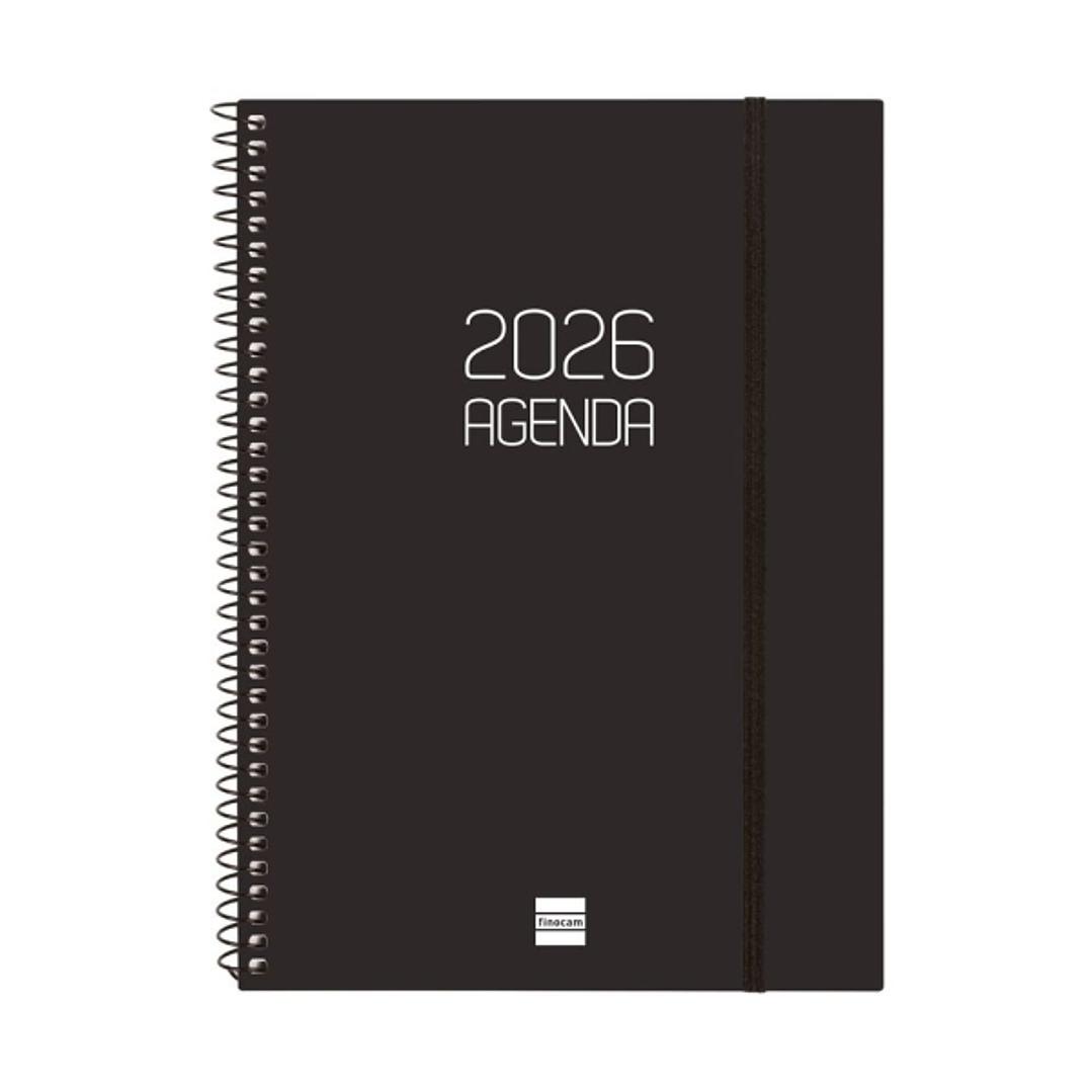 Finocam Opaque Agenda de Espiral - Anual 2026 - Tapa Ligera - Cierre con Goma Elastica - Formato E10 - 162x14x212mm - Semana Vista en Vertical - Color 1