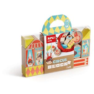 Apli Juego de Bloques de Madera Apilables Modelo Circo - 16 Piezas con Bolsa de Tela - Pino de Alta Calidad con Impresion a Todo Color - Estimula Sent