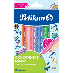 Pelikan Caja de 12 Rotuladores Escolares Colorella Duo C407 10+2 Colores - Doble Punta Fina 1mm y Gruesa 2mm - Lavables