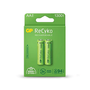 GP ReCyko Pack de 2 Pilas Recargables 1300mAh AA 1.2V - Precargadas - Fabricadas con mas del 10% de Materiales Reciclados