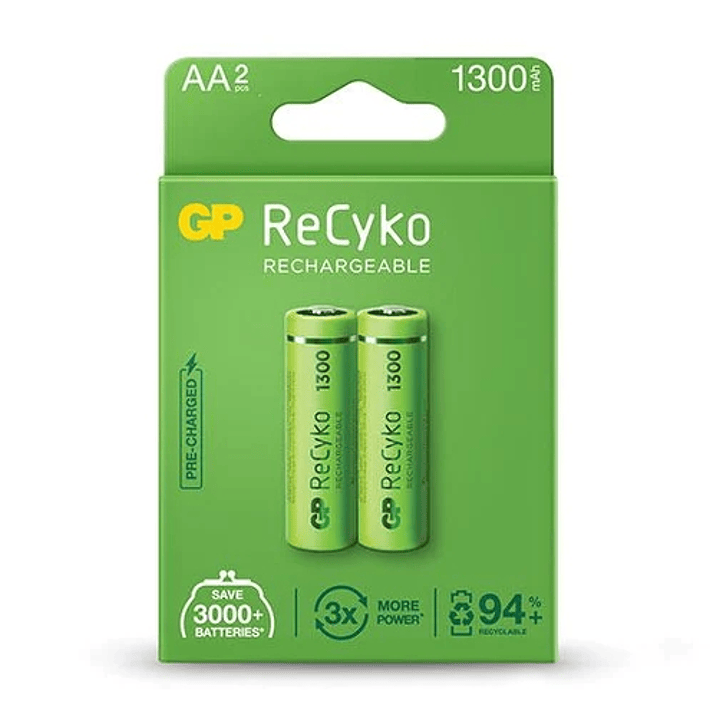 GP ReCyko Pack de 2 Pilas Recargables 1300mAh AA 1.2V - Precargadas - Fabricadas con mas del 10% de Materiales Reciclados 1