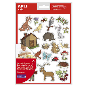 Apli Bolsa de Gomets Tematicos el Bosque - 69 Gomets en 3 Hojas - Ilustraciones Educativas de Animales y Objetos del Bosque - Adhesivo Removible - Adh