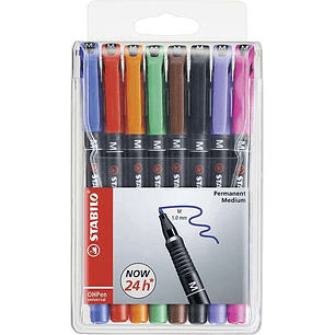 Stabilo OHPen Pack de 8 Rotuladores Permanentes - Punta Media - Trazo de 1mm - Agarre Antideslizante - Tapon Ventilado - Colores Surtidos