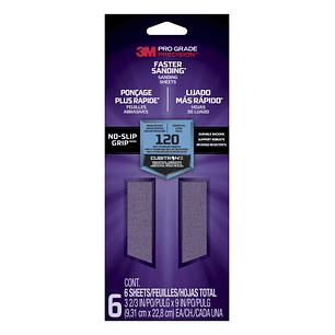 3M Pro Grade Precision Faster Pack de 6 Hojas de Lijado - Grano 120 Mediano - 9.31x22.8cm - Rendimiento Superior - Reduccion de Fatiga - Color Morado