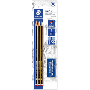 Staedtler Noris 120 Pack de 3 Lapices de Grafito Hexagonales 2HB + 1 Gomas de Borrar Mars Plastic - Madera de Bosques Sostenibles