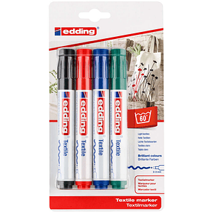 Edding 4500 Pack de 4 Rotuladores Permanentes para Textil - Punta Redonda - Trazo 2-3mm - Olor Neutro - Secado Rapido - Colores Negro, Verde, Rojo y A
