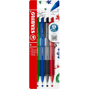 Stabilo Pointball Colorful Pack de 4 Boligrafos Retractiles - Trazo 0.5mm - Hechos con 87% Bioplastico - Grip Antideslizante - Recargables - Colores S