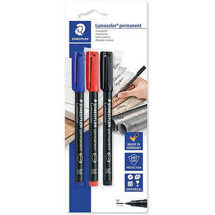 Staedtler Lumocolor Permanent Pen 317 Pack de 3 Rotuladores Permanentes - Trazo de 1mm Aprox - Secado Rapido - Colores Surtidos