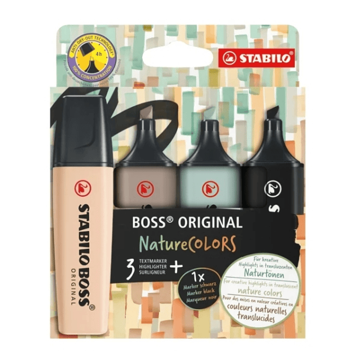 Stabilo Boss Naturecolors Pack de 4 Marcadores - Trazo entre 2 y 5mm - Tinta con Base de Agua - Colores Negro, Beige, Gris Calido y Verde Tierra 1