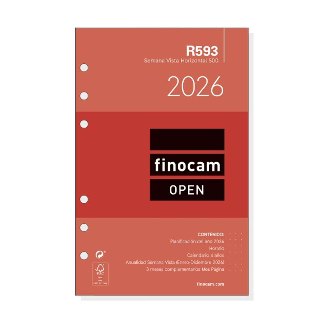 Finocam R593 Recambio Anual 2026 para Agendas Open 2026 - Formato 500 - 117x6x181mm - Semana Vista Horizontal - Color Blanco 1