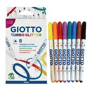 Giotto Turbo Glitter Pack de 8 Rotuladores - Punta Fina 2.8mm - Tinta al Agua - Lavable - Colores Surtidos