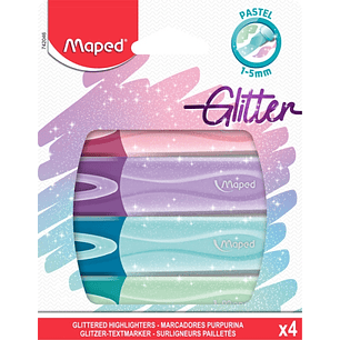 Maped Glitter Pastel Pack de 4 Marcadores Fluorescentes Pastel con Purpurina - Punta Biselada - Trazo de 1 a 5mm - Ideal para Subrayar y Resaltar - Co