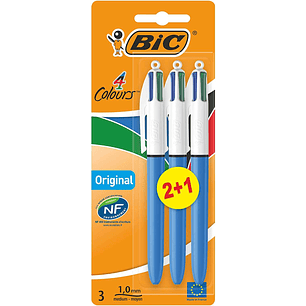 Bic 4 Colours Original Pack de 3 Boligrafos de Bola Retractil - Punta Media de 1.0mm - Tinta con Base de Aceite - Cuerpo Azul/Blanco - 4 Colores