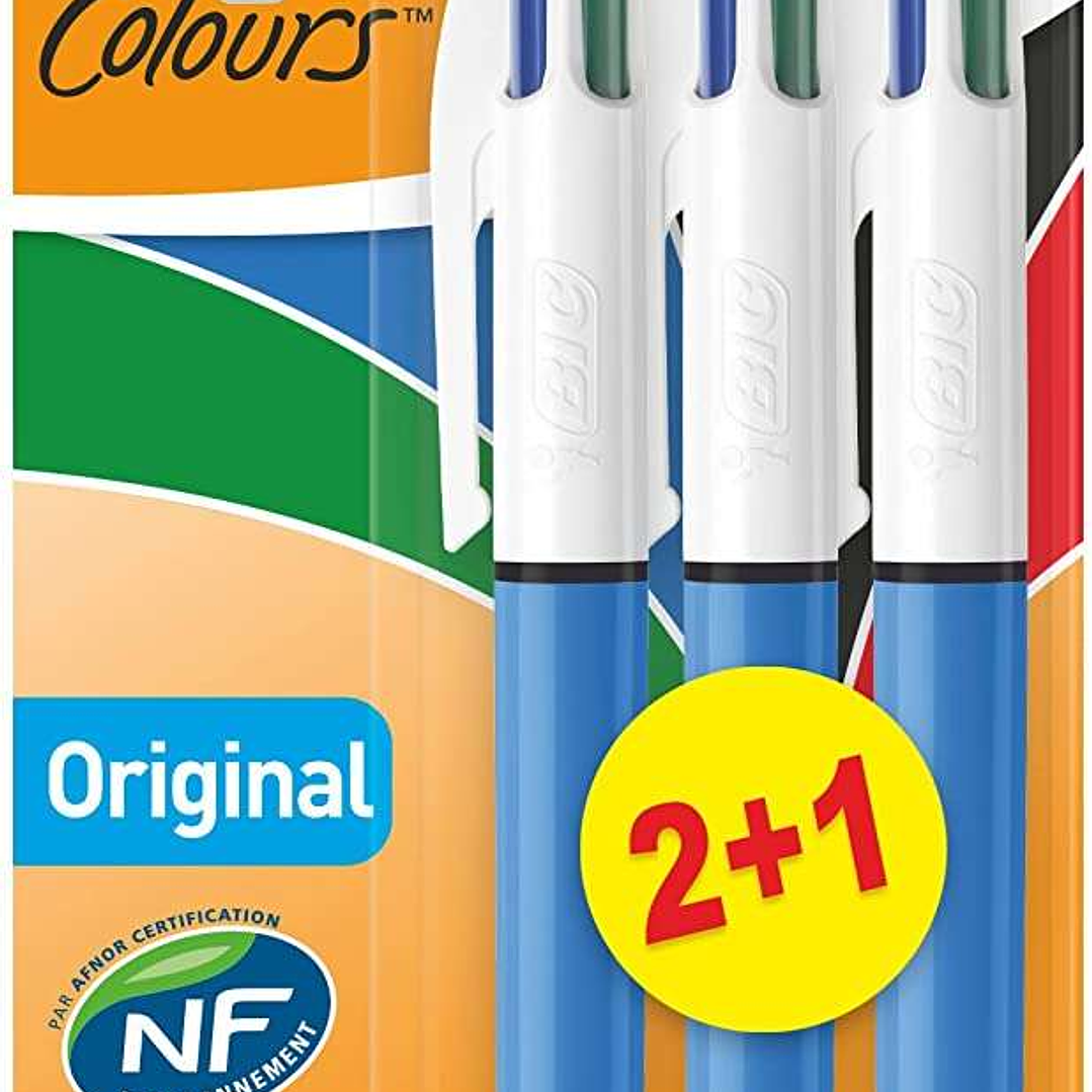 Bic 4 Colours Original Pack de 3 Boligrafos de Bola Retractil - Punta Media de 1.0mm - Tinta con Base de Aceite - Cuerpo Azul/Blanco - 4 Colores 1