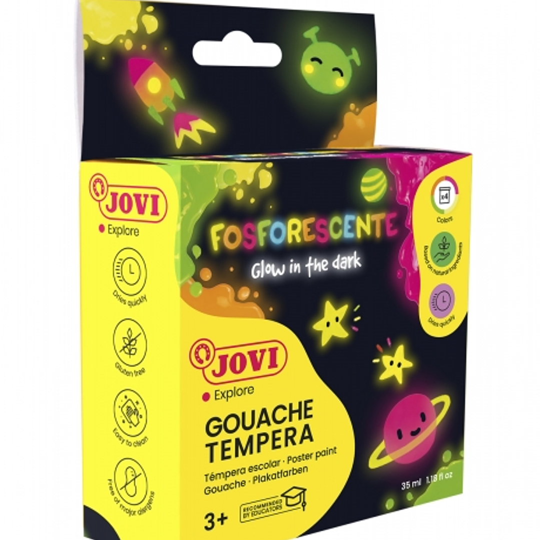 Jovi Gouache Estuche de 4 Botes de Tempera 35ml Tempera Escolar - Colores Fosforescentes - Brilla en la Oscuridad - Secado Rapido - Excelente Adherenc 1