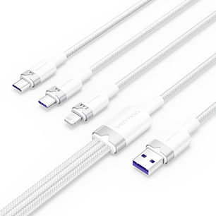 Vention Cable USB-A 2.0 a USB-C, Lightning, Micro-B 6A - 1.5m - Trenzado - Color Blanco