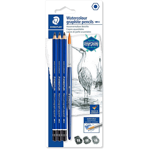Staedtler Mars Lumograph Aquarell 100A Pack de 3 Lapices de Grafito + Pincel - Resistencia a la Rotura - Graduaciones Surtidas