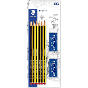 Staedtler Noris 120 Pack de 6 Lapices de Grafito Hexagonales 2HB + 2 Gomas de Borrar Mars Plastic - Madera de Bosques Sostenibles