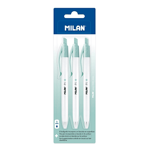 Milan P1 + Pack de 3 Boligrafos de Bola Retractiles - Tinta Azul - Punta Redonda 1mm - Superficie Antibacteriana - Color Blanco