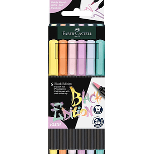 Faber-Castell Black Edition Pack de 6 Rotuladores Punta Pincel - Tinta a Base de Colorantes Alimentarios - Colores Pastel Surtidos