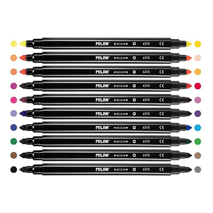 Milan Pack de 10 Rotuladores Bicolor Doble Punta - Punta Conica 5mm - Tinta al Agua - Lavable - Colores Surtidos