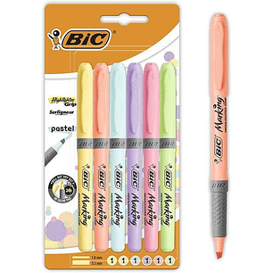 Bic Highlighter Grip Pack de 6 Marcadores Fluorescentes Pastel - Tinta con Base de Agua - Punta Biselada - Trazo entre 1.60 y 3.30mm - Colores Surtido