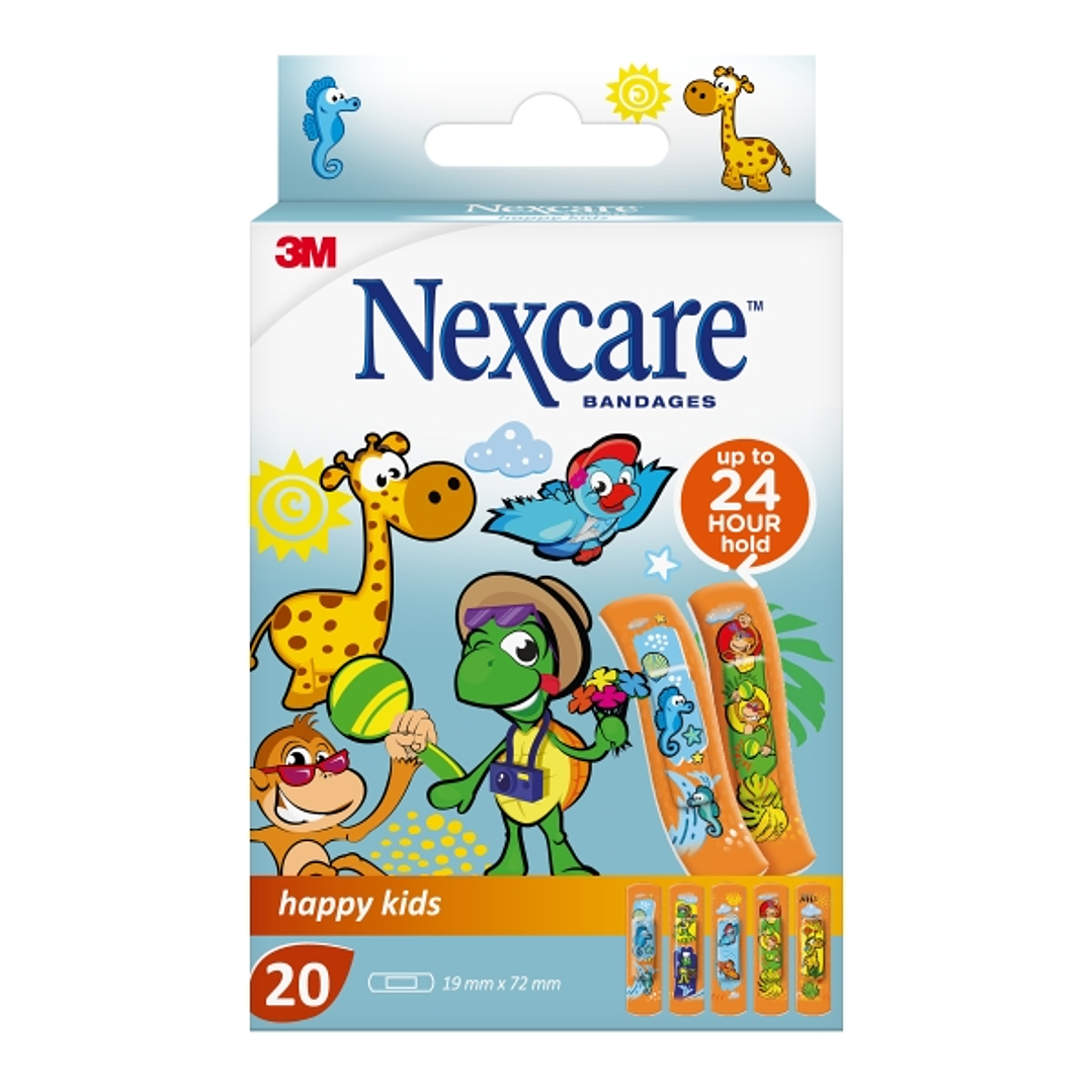 Nexcare Happy Kids Pack de 20 Apositos para Heridas - 19x72mm - Transpirables - para Pieles Delicadas - Color Estampado Infantil 1