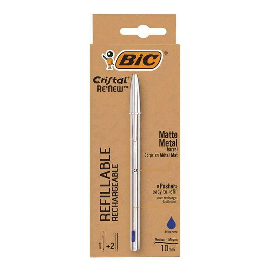 Bic Cristal Re´new Pack de Boligrafo Recargable de Bola + 2 Recambios - Punta Redonda de 1.0mm - Trazo 0.32mm - Tinta con Base de Aceite - Cuerpo Meta 1