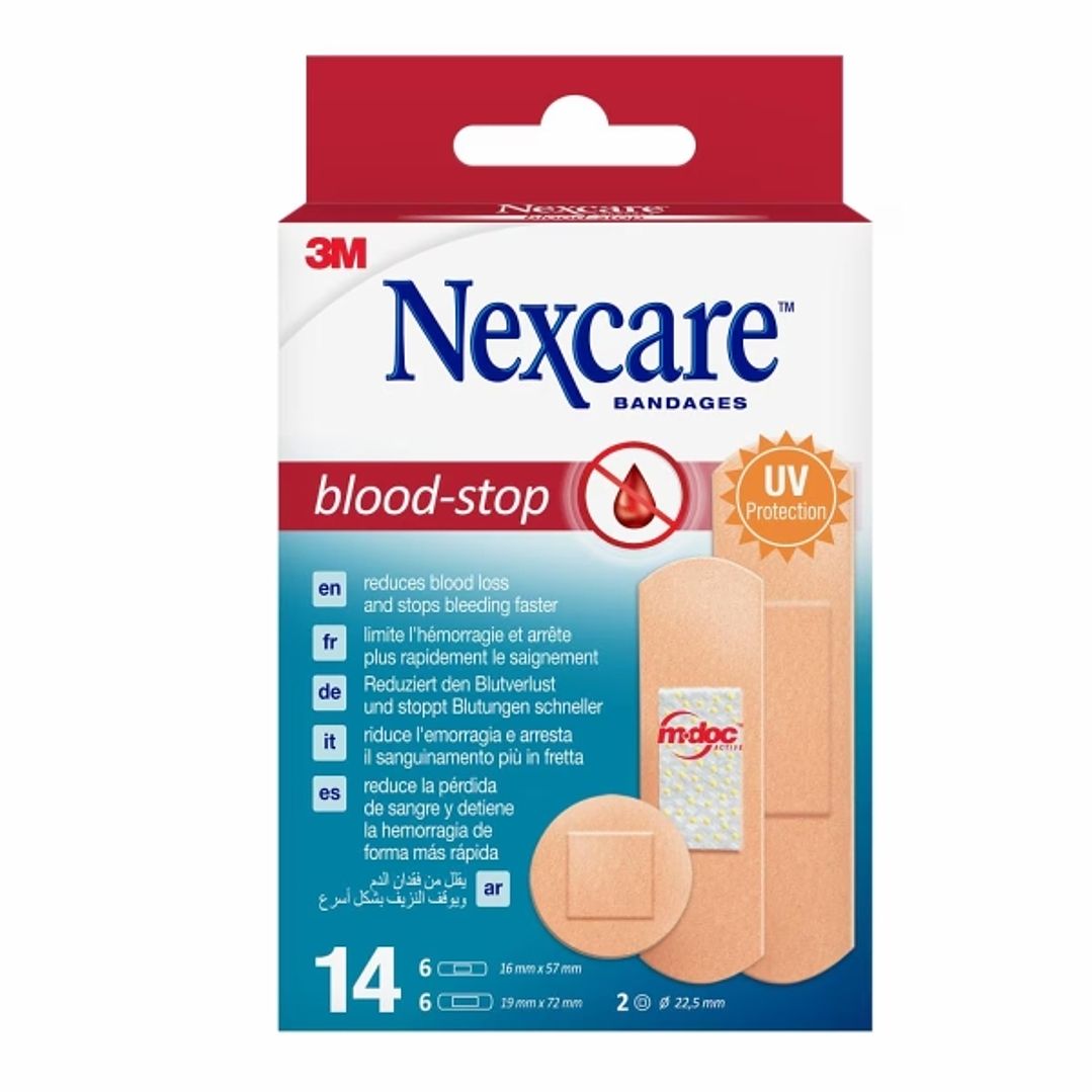 Nexcare Blood-Stop Pack de 14 Apositos Surtidos - Resistente al Agua - Mayor Rapidez Deteniendo Hemorragias - Color Piel 1