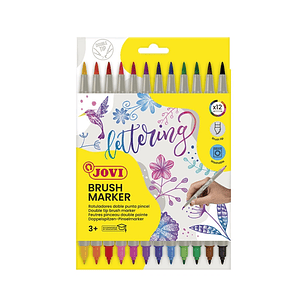 Jovi Brush Marker Pack de 12 Rotuladores Doble Punta - Punta Pincel 4,5mm y Punta Rigida 2,5mm - Tinta Base Agua - Ideal para Lettering - Colores Surt