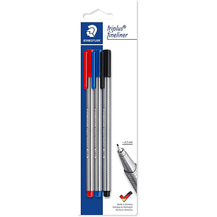 Staedtler Triplus Fineliner 334 Pack de 3 Rotuladores de Punta Fina - Trazo de 0.3mm Aprox - Diseño Ergonomico - Tinta Base de Agua - Colores Surtidos