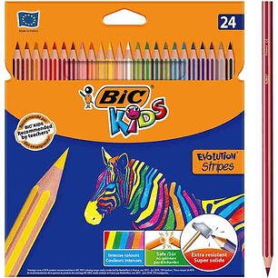 Bic Kids Evolution Stripes Caja de 24 Lapices de Colores surtidos - Fabricados en Resina - Punta Ultraresistente - Mina Pigmentada de 3.20 mm