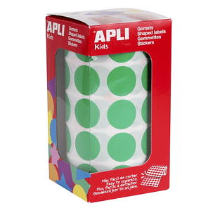 Apli Rollo de 1.770 Gomets Redondos Ø 20mm - Adhesivo Permanente con Base de Agua - Libre de Disolventes - Color Verde
