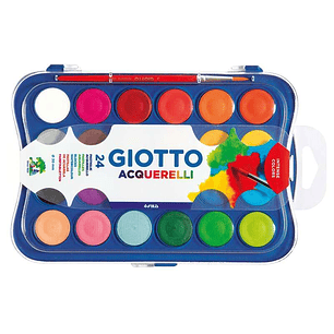 Giotto Estuche de 24 Acuarelas de 30mm + Pincel - Colores Brillantes, Intensos y Vivos - Muy Cubrientes - Colores Surtidos