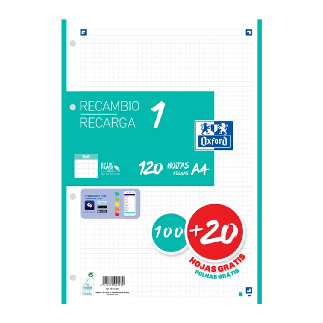 Oxford School Recambio A4 120 Hojas Cuadricula 5x5mm - 4 Taladros - Banda de Color Ice Mint 1