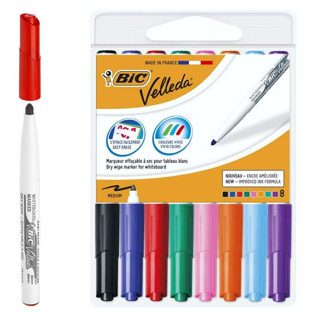 Bic Velleda 1741 Pack de 8 Rotuladores para Pizarra - Punta Media - Trazo de 1.4mm - Borrado Optimo - Colores Surtidos 1