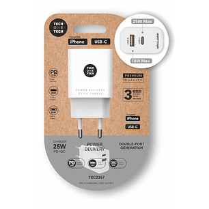 TechOneTech Cargador de Pared PD + QC 25W 1 Puerto USB-C 3A + 1 Puerto USB-A