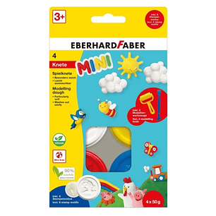 Eberhard Faber Mini Kids Pack con 4 Botes 50gr de Pasta de Modelar + 2 Herramientas - 90% Ingredientes Naturales - Facil de Lavar - Colores Blanco, Am