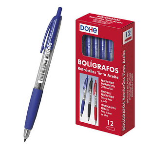 Dohe Boligrafos Retractiles de Tinta a Base de Aceite - Punta Bola de 1mm - Trazo de 0.4mm - Cuerpo Transparente con Grip de Caucho - Caja de 12 Unida