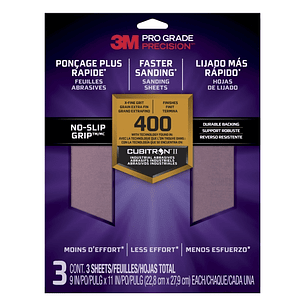 3M Pro Grade Precision Pack de 3 Hojas de Lijado - Grano 400 Extrafino - 22.8x27.9cm - Rendimiento Superior - Reduccion de Fatiga - Color Morado