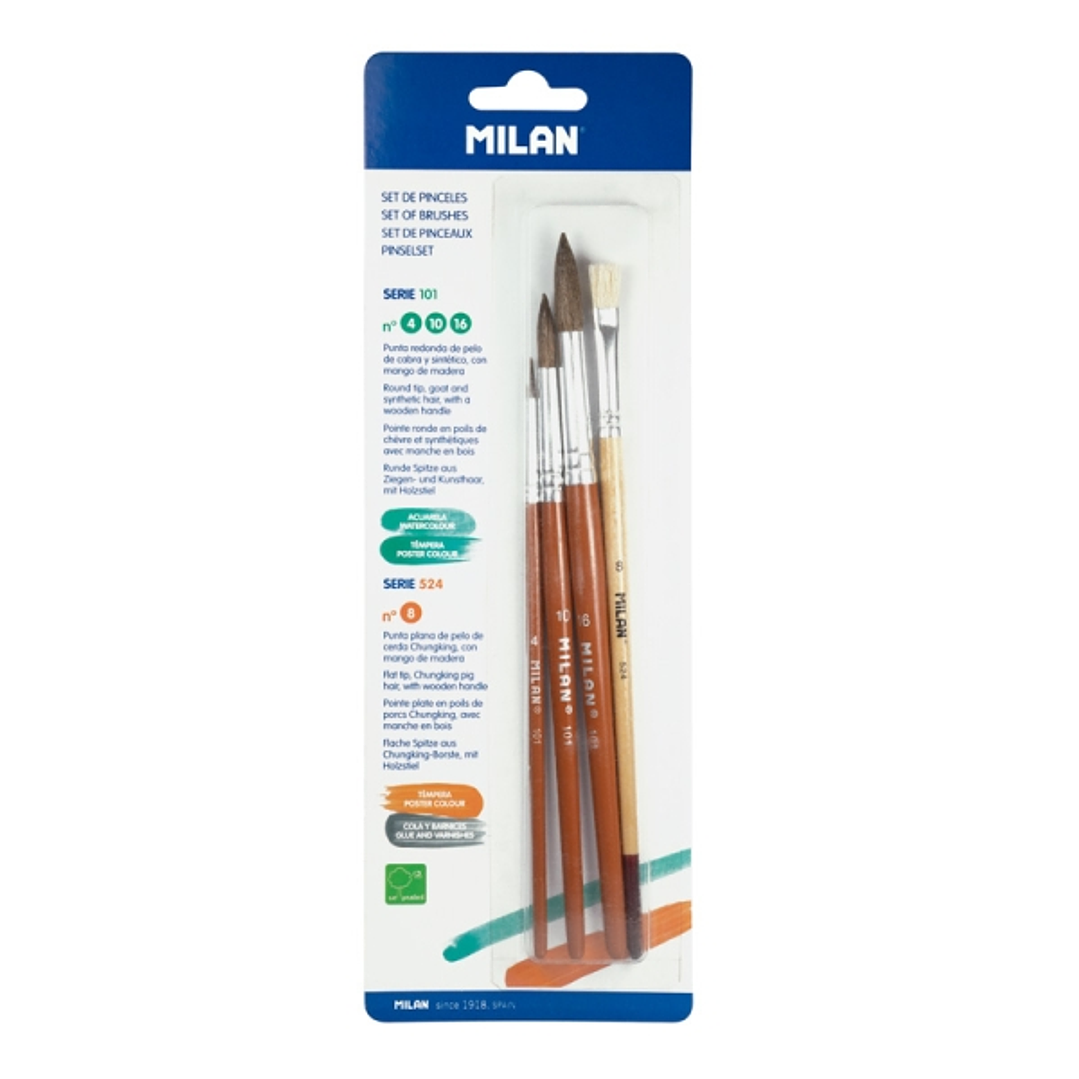 Milan 101 Pack de 3 Pinceles Redondos - Formatos Surtidos - Pelo de Cabra y Sintetico - Incluye 1 Pincel Serie 524 Numero 8 - Color Madera Oscuro 1